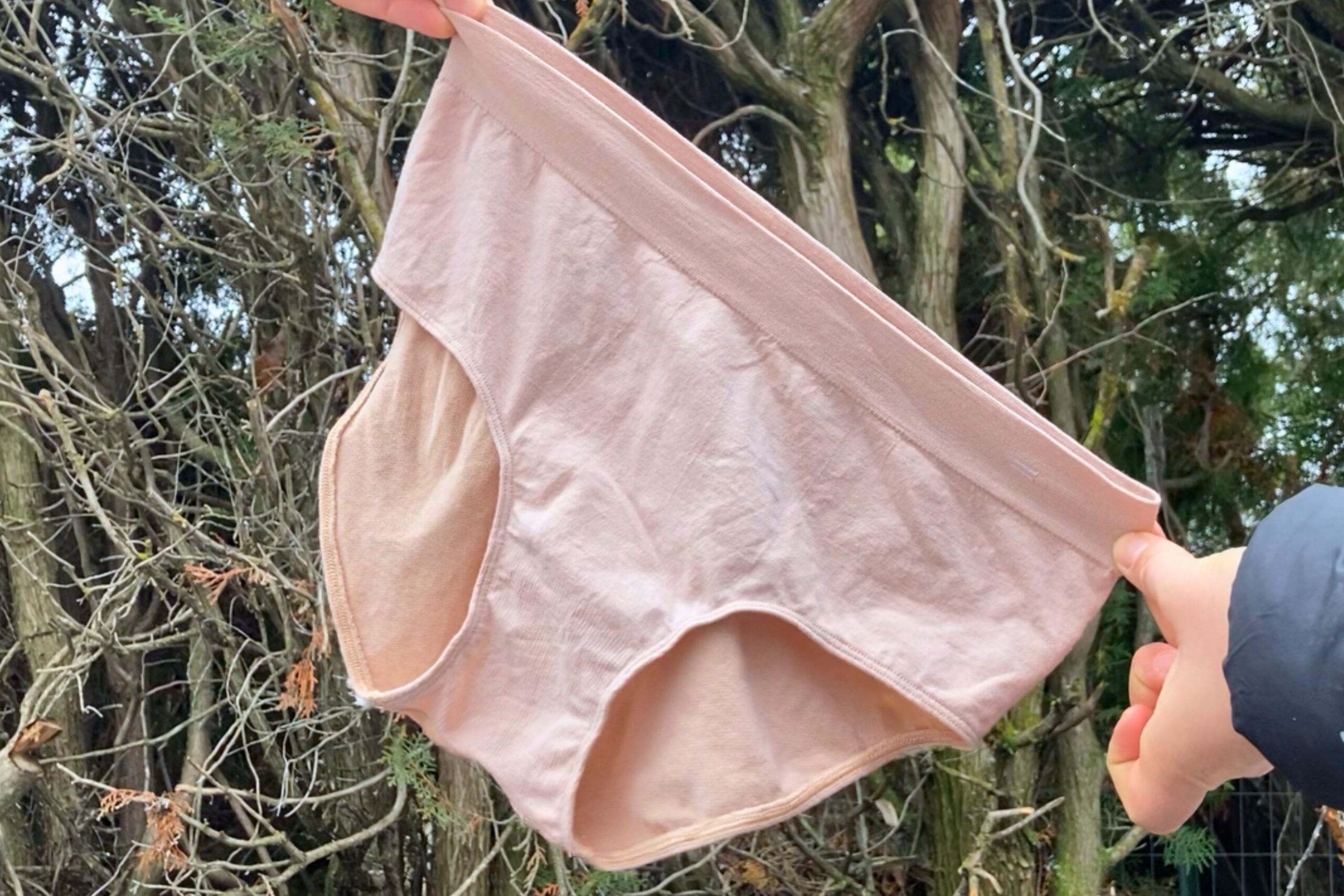 Holding up a pair of BRANWYN Essential Hipster underwear with an outdoor background