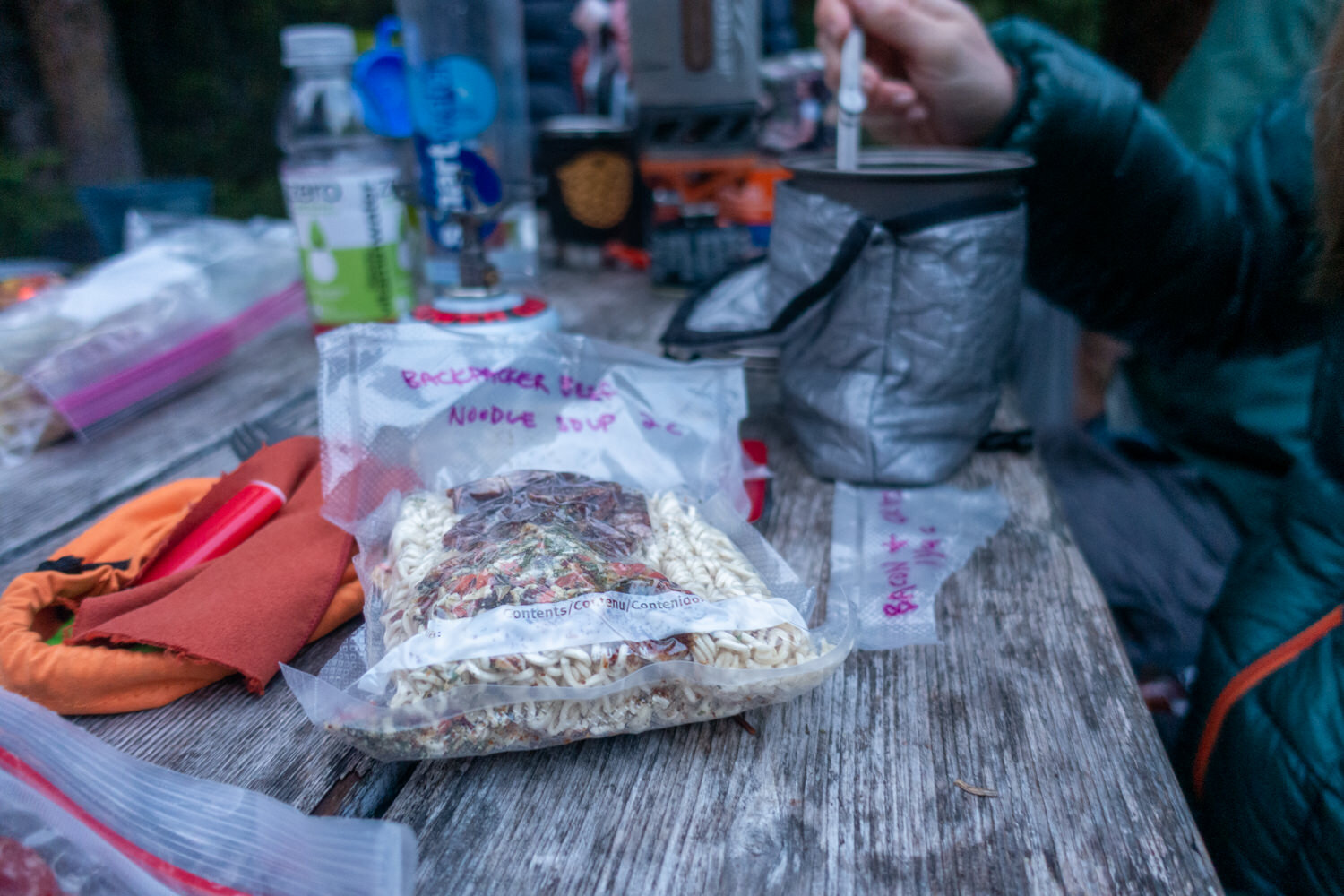 vacuum sealed meal on a picnic table