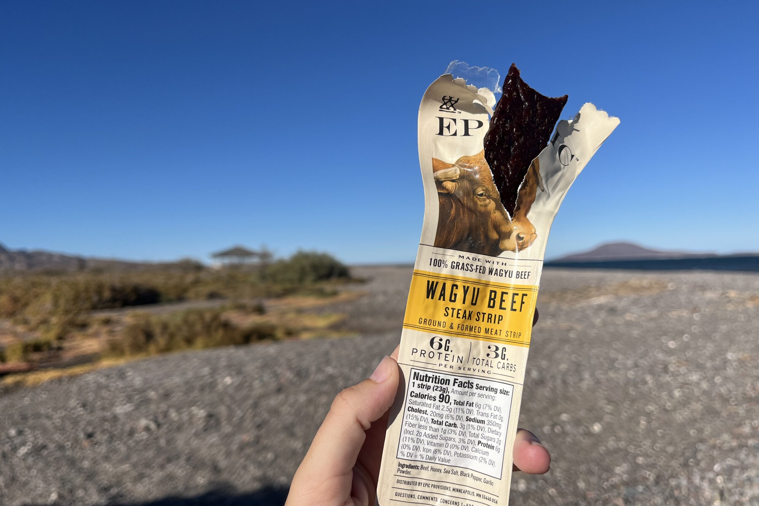 hand holding up EPIC jerky bar in a beach setting