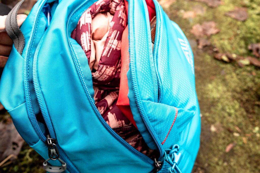 Details of Gregory Swift 16 H2O - a jacket inside an open compartment of the pack