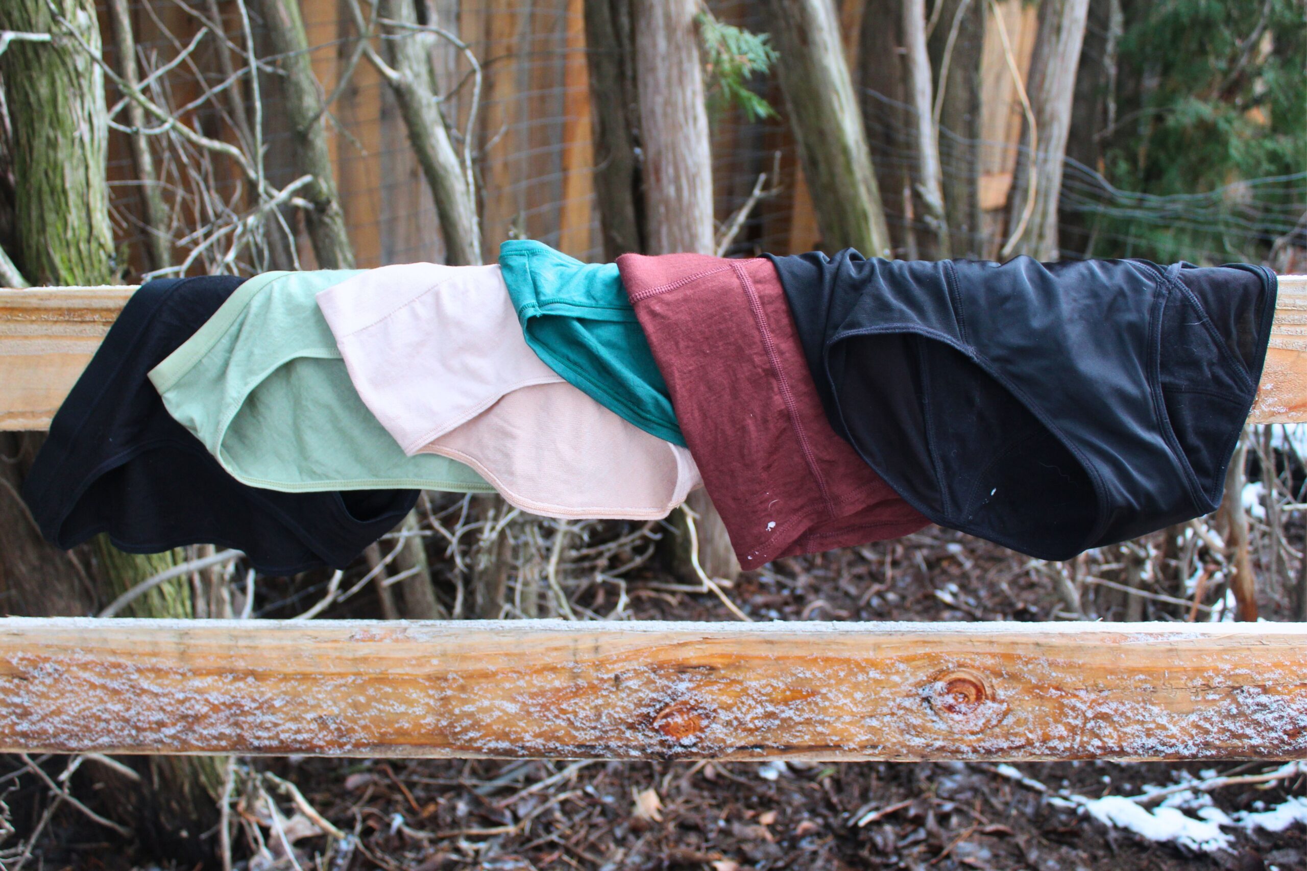 Six pairs of the women's hiking underwear tested laid out on a fence