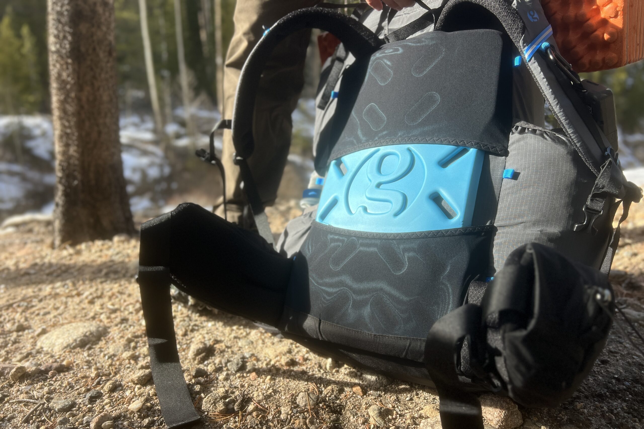 A view of the back panel of the Mariposa 60 with its removable sit pad. A snowy forest is in the background.