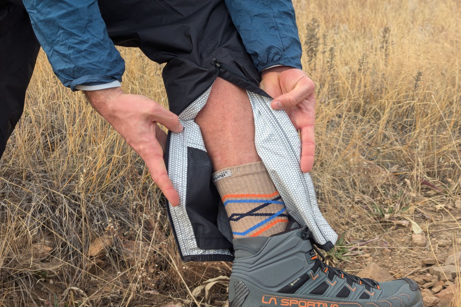 Showing off the inner lining material of the Salomon Bonatti rain pants.