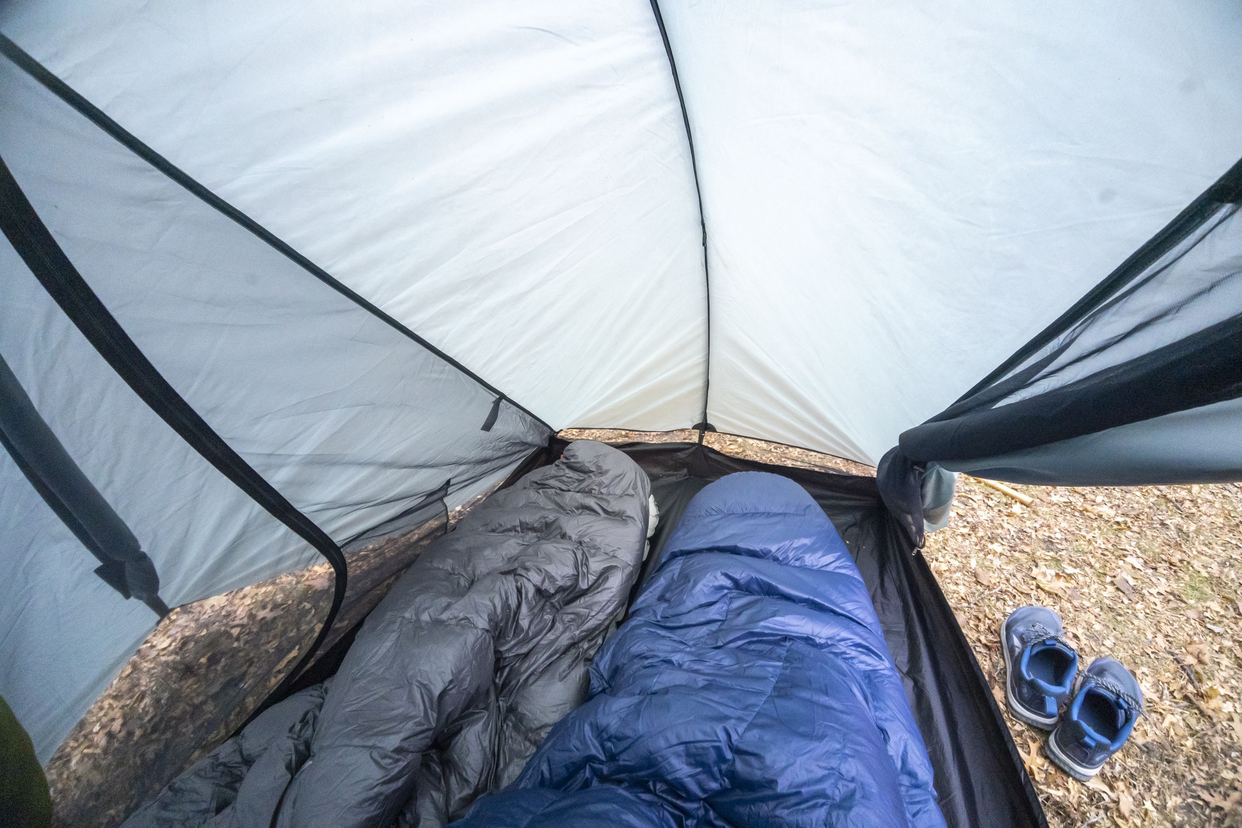 two sleeping bags in a tent interior
