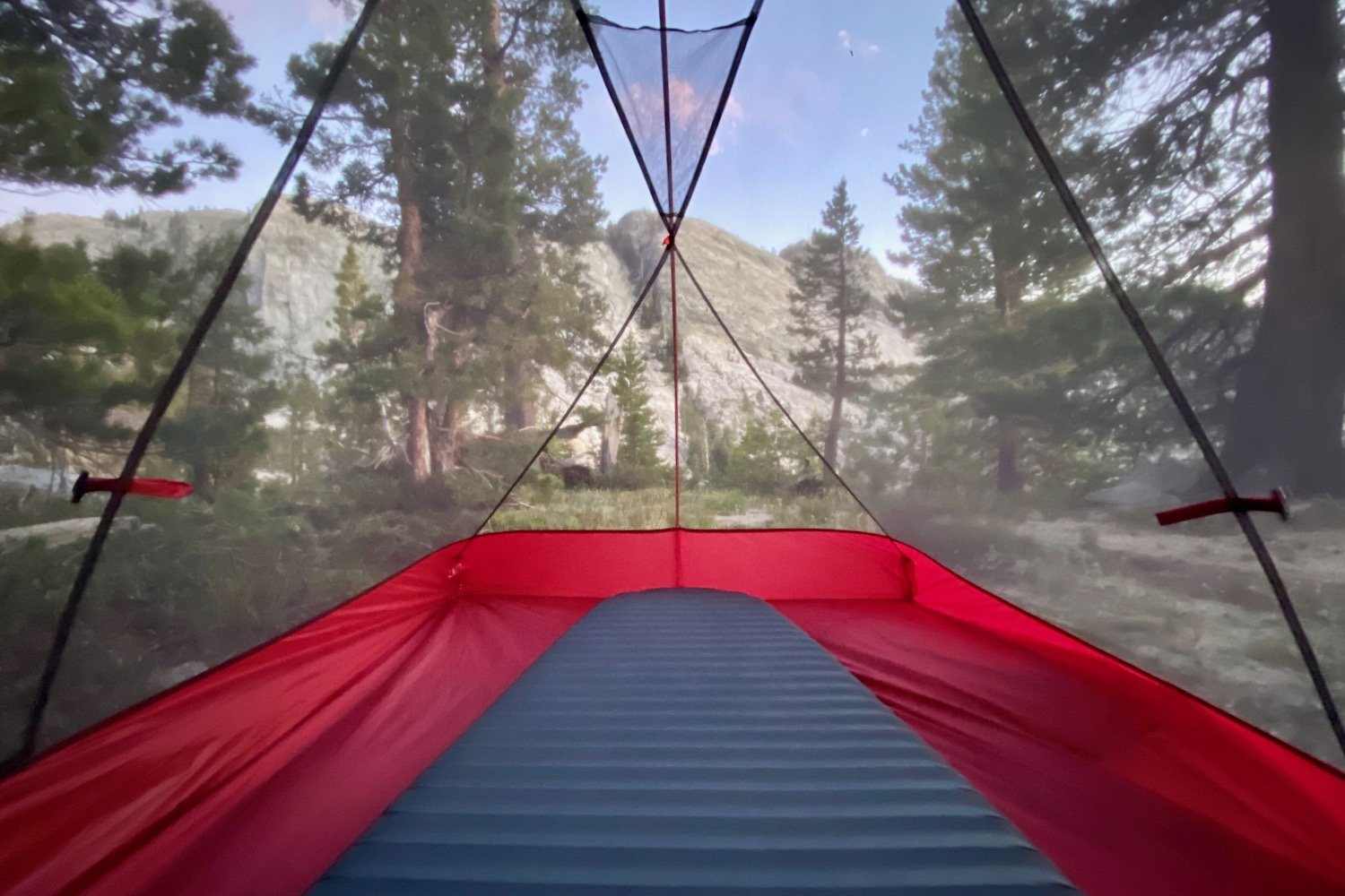 the view from inside looking out in the msr freelite 2 lightweight backpacking tent