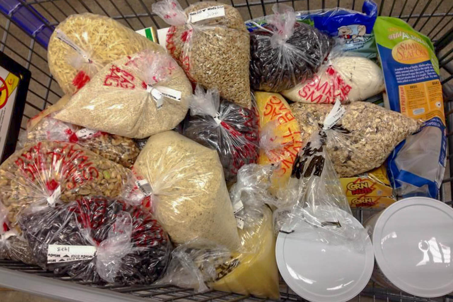 grocery cart filled with bulk food
